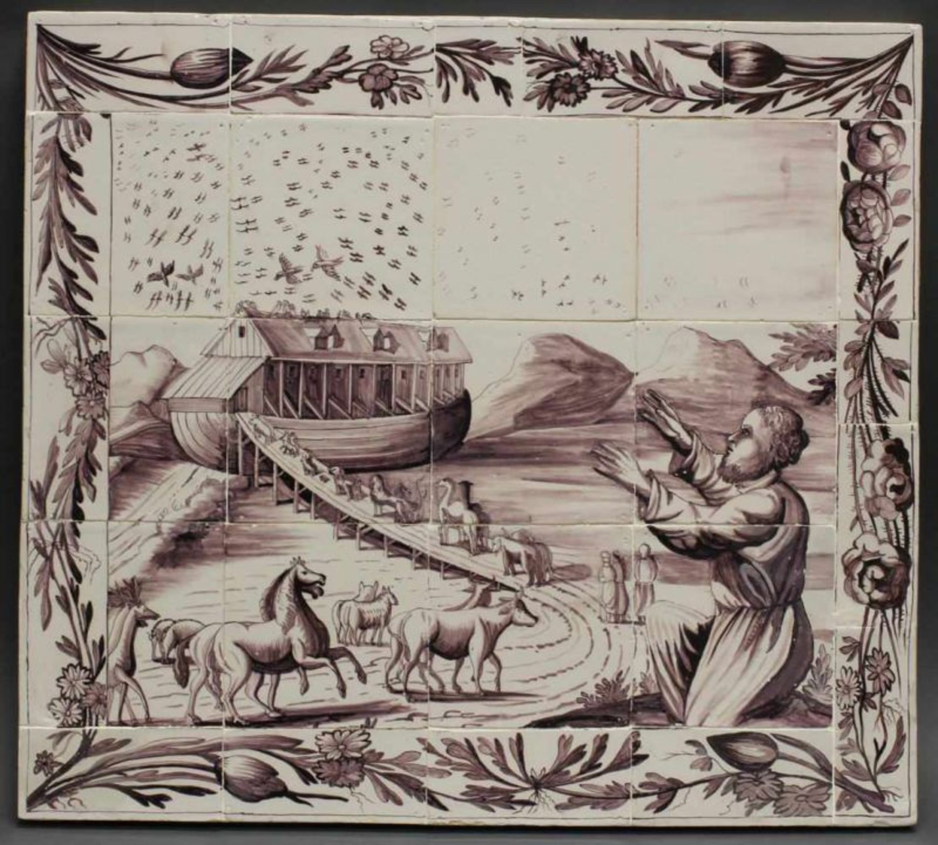 Fliesenbild, "Die Arche Noah", Keramik, Delft, 18. Jh., 12 Bildfliesen sowie weitere Randfliesen,