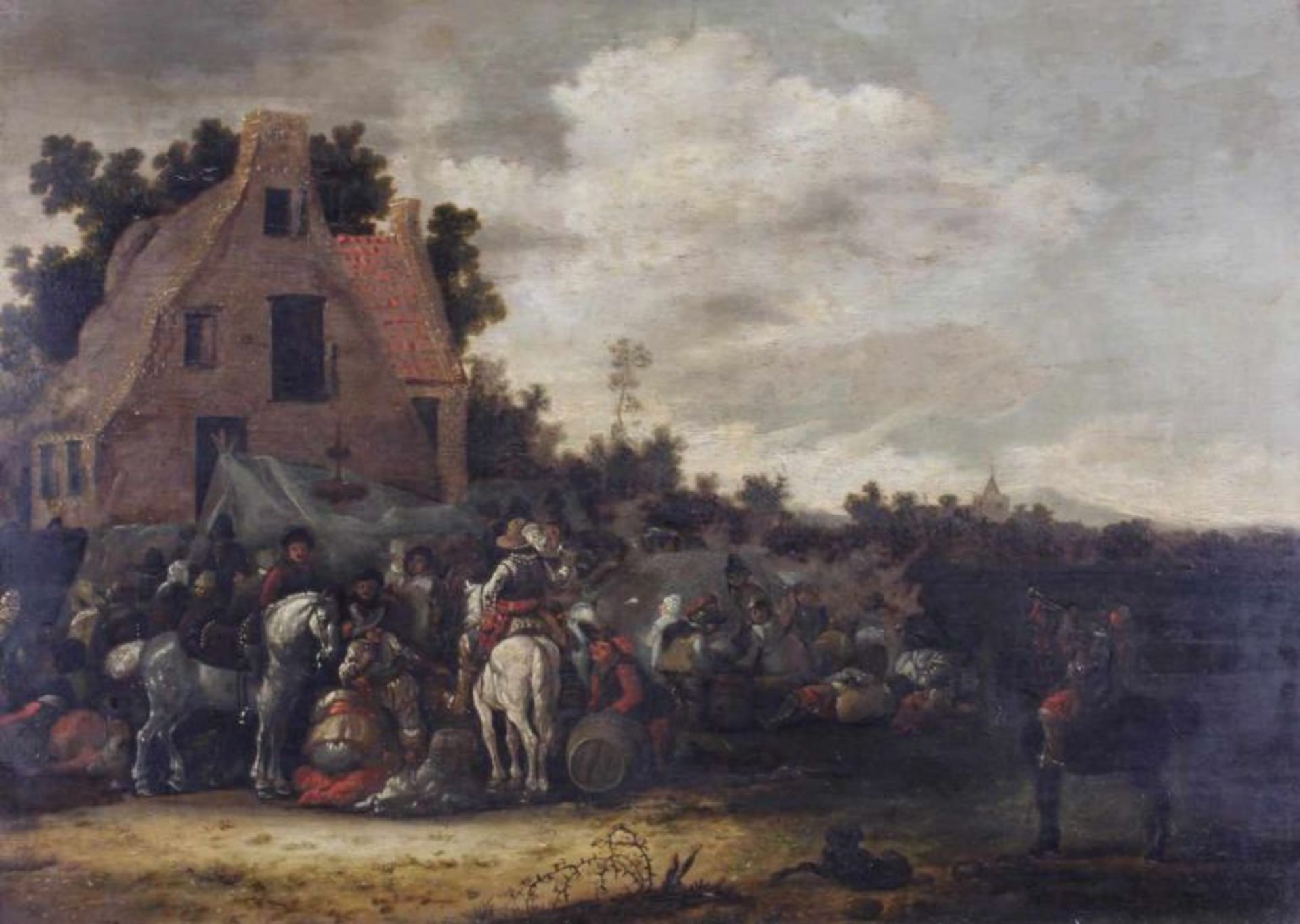 Wouwermans, Philips (1619 - 1668), Nachfolge, "Reitergelage vor einem Haus", Öl auf Holz, 54 x 70.