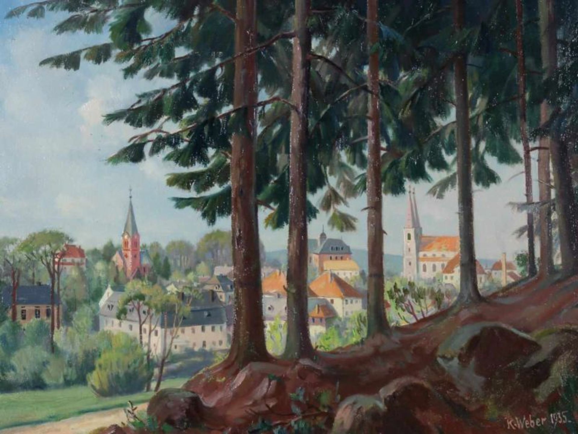 Weber, Karl Adolf (geb. 1899 Zürich, Landschaftsmaler), "Ansicht einer Schweizer Stadt mit