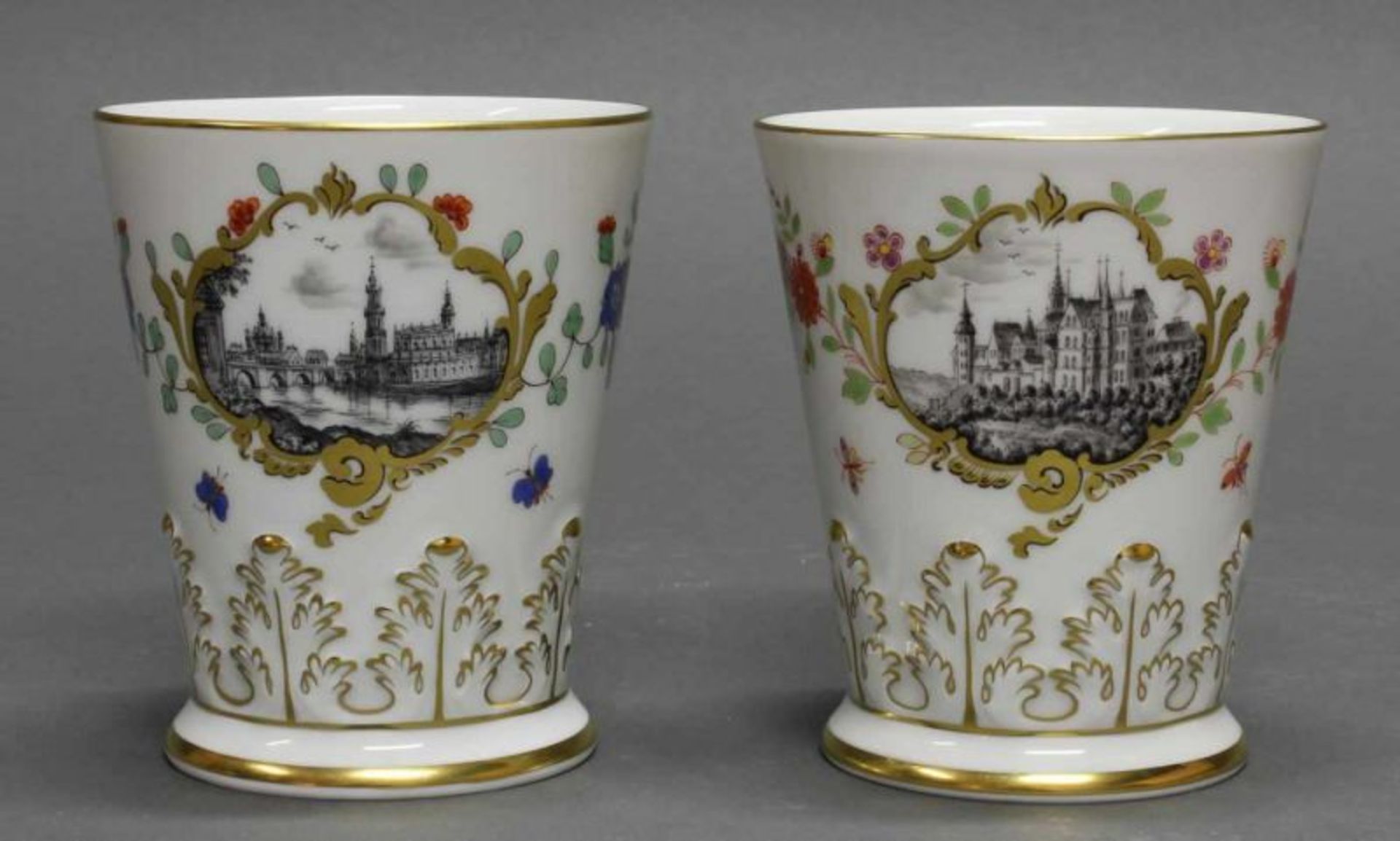 2 Ansichtenbecher, "Albrechtsburg" und "Dresden", Meissen, Schwertermarke, Edition 1998/1999 und