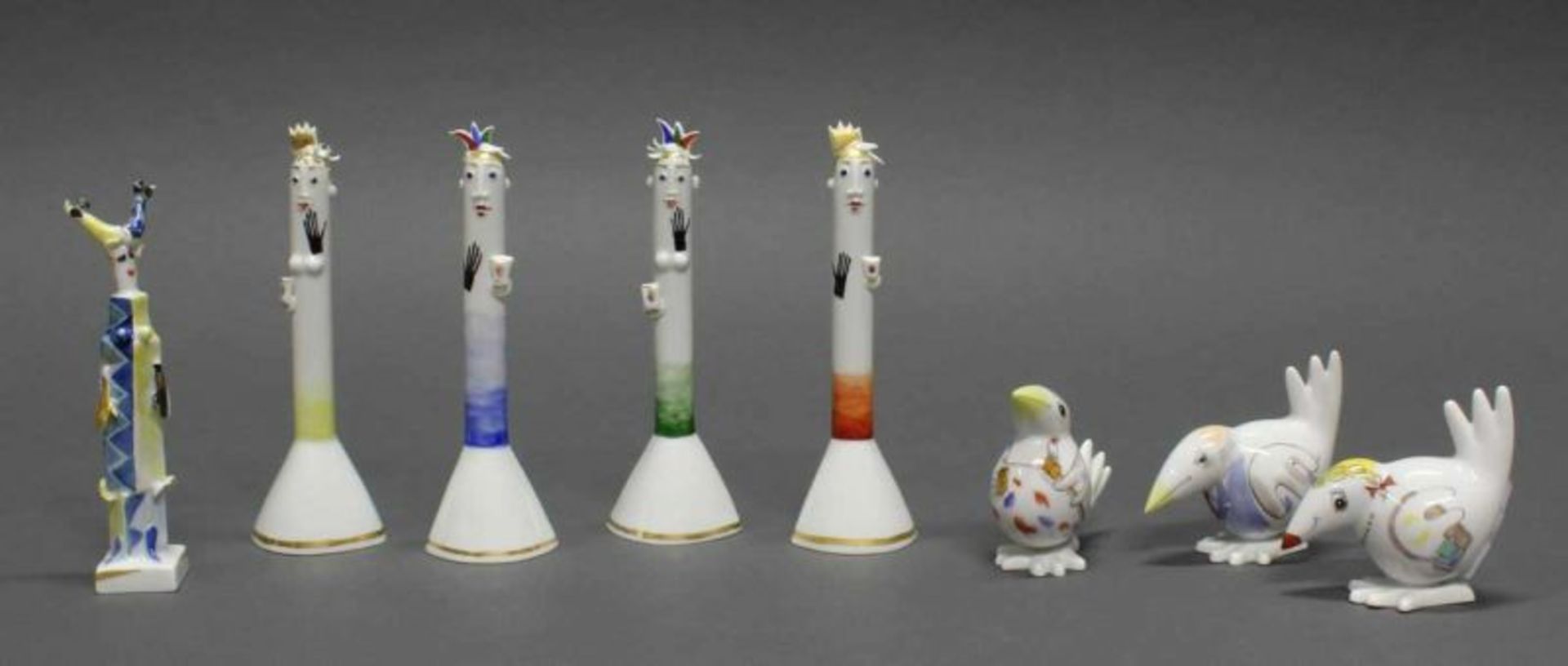 Konvolut 8 Porzellanfiguren, Meissen, Schwertermarke, 1. Wahl, polychron, teils goldstaffiert, teils