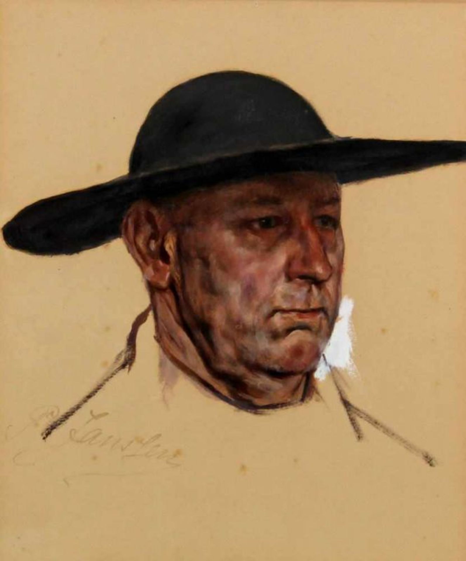 Janssen, Peter Johann (1844 Düsseldorf - 1908 ebda.), "Männerkopf mit Hut", Ölstudie, signiert unten