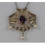 Anhänger, GG 585, weiß belötet, 1 oval facettierter Amethyst, Perlchen und Diamanten, an