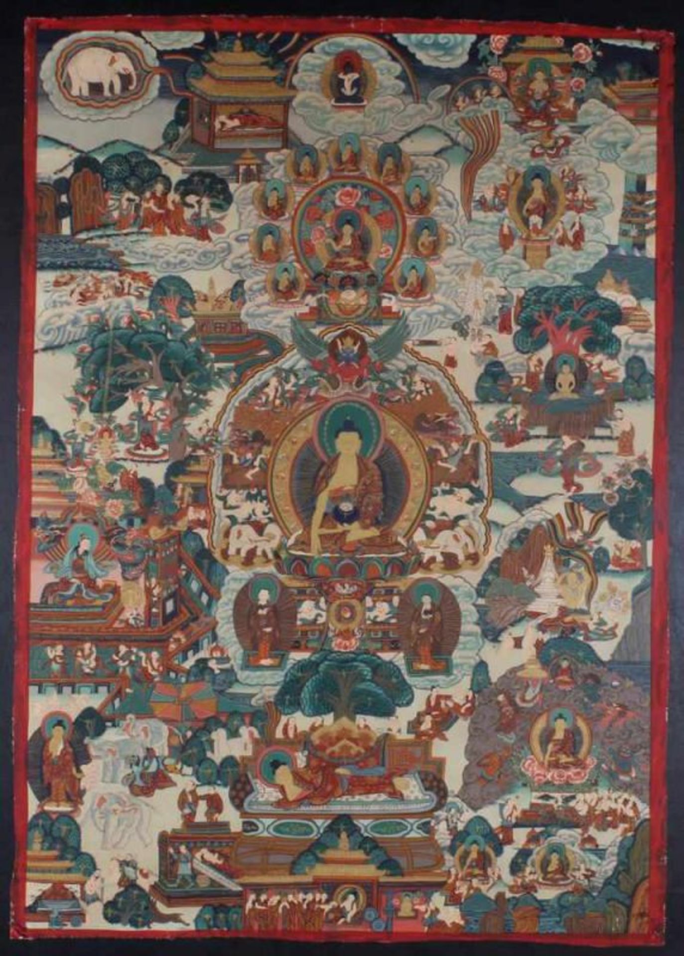 Thangka, "Die zwölf großen Taten des Buddha", Nepal, 20. Jh., Farbe mit Gold auf Leinwand, 78 x 55.5