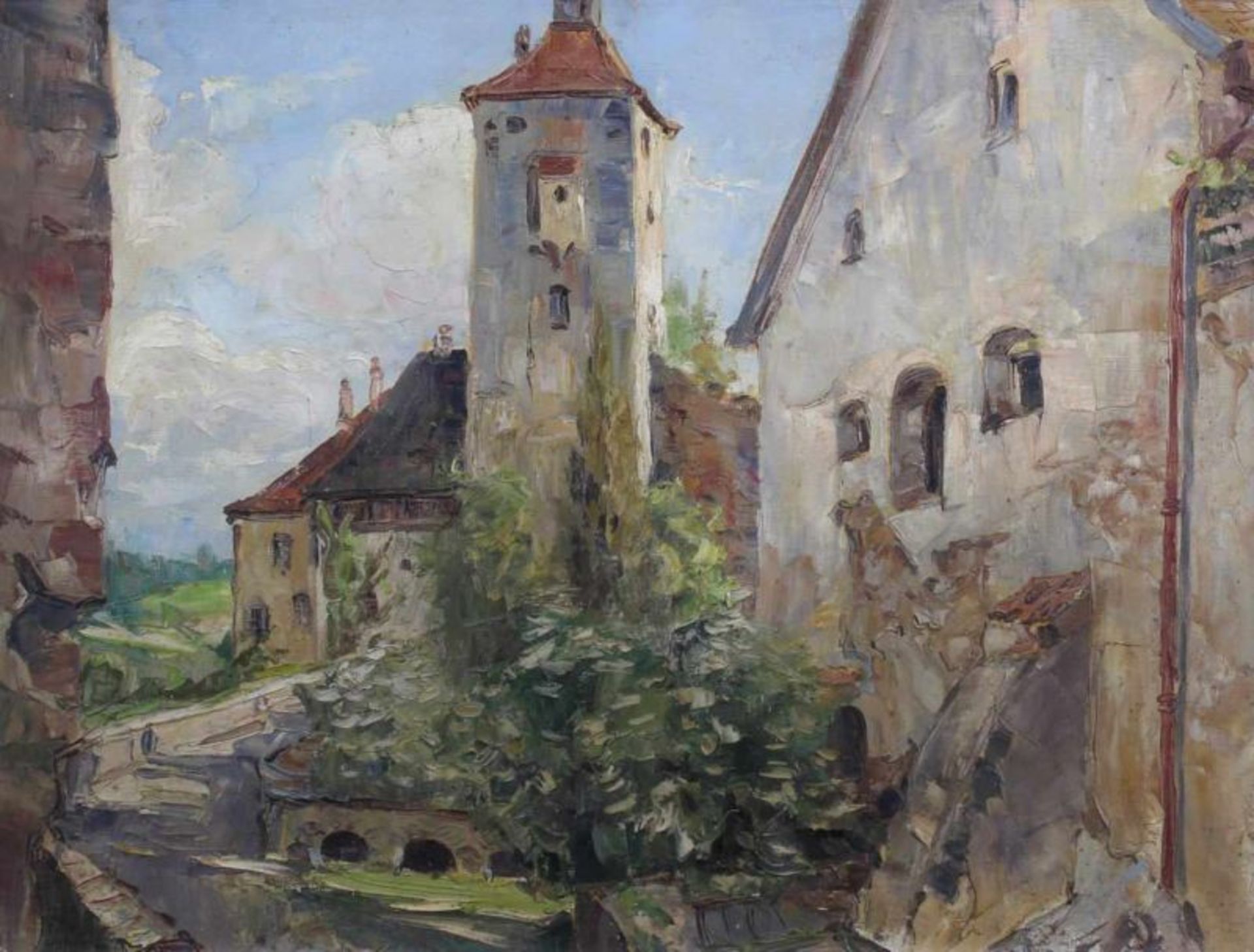 Müller, Adolf (1853 - 1914), "Schloss Neuburg am Inn", Öl auf Leinwand, verso vom Künstler