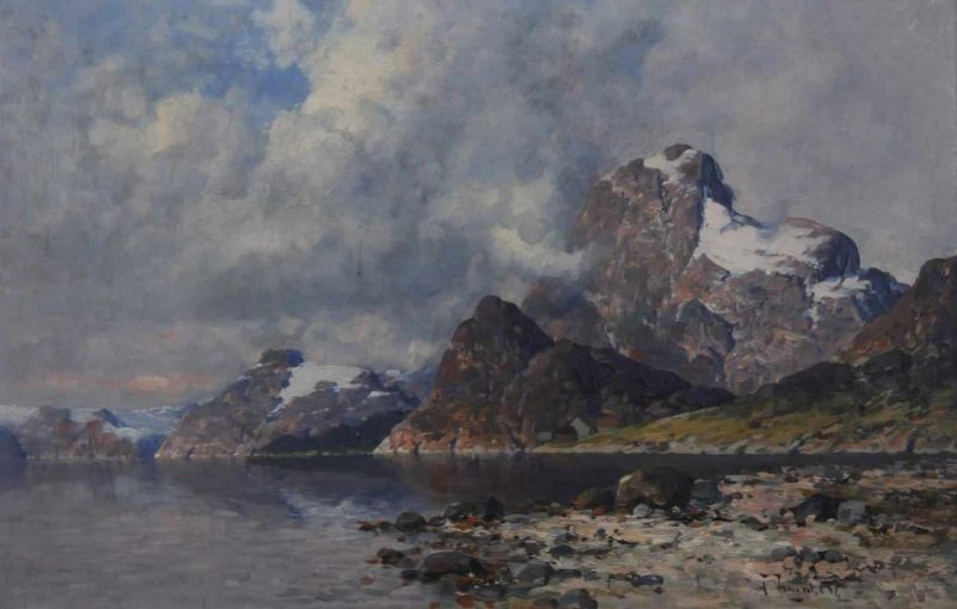 Jungblut, Johann (1860 Saarburg - 1912 Düsseldorf), "Fjordlandschaft", Öl auf Holz, signiert unten