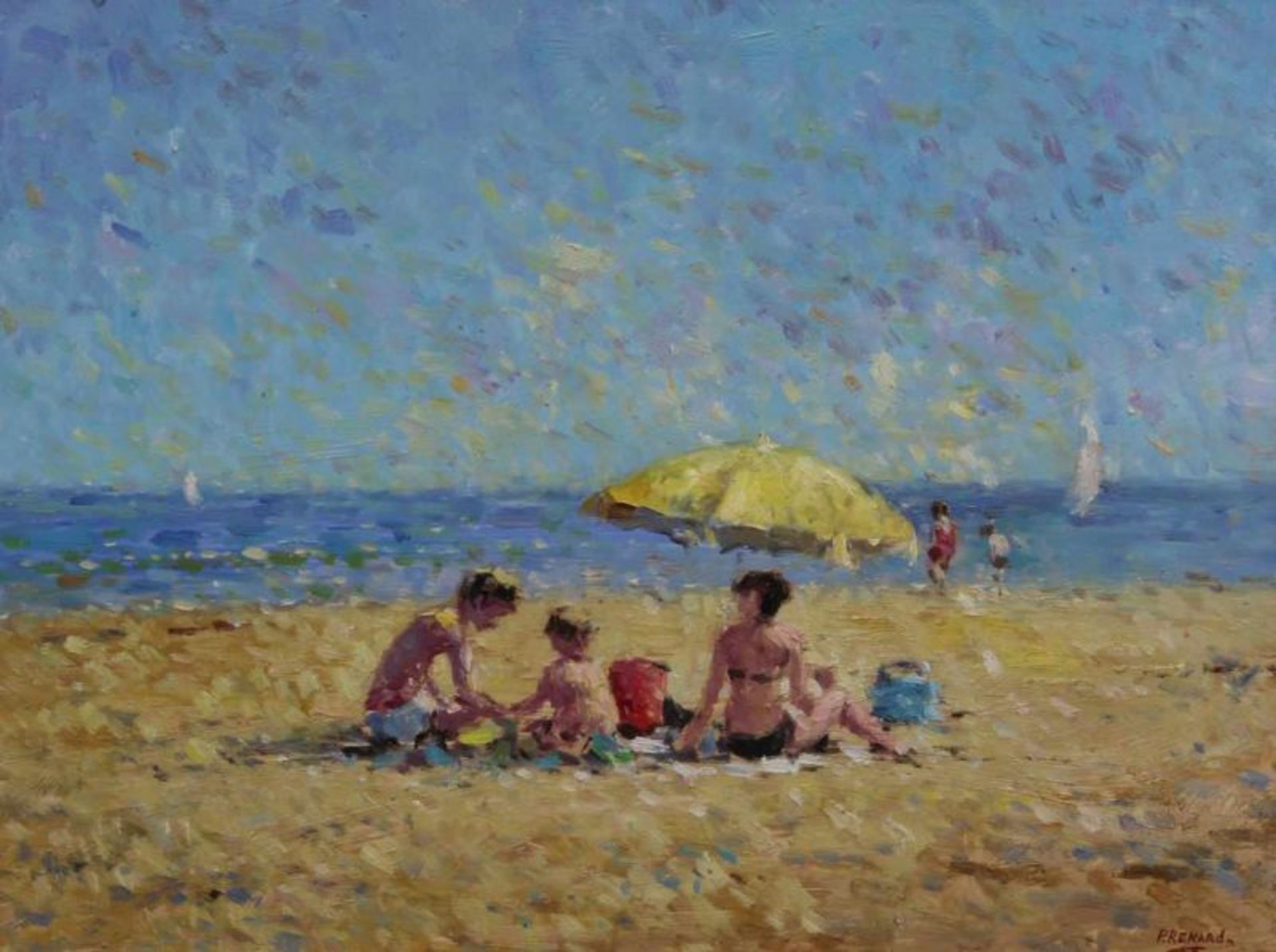 Renard, P. (20. Jh.), "Sommer am Strand", Öl auf Holz, signiert unten rechts P. Renard, 30 x 40 cm