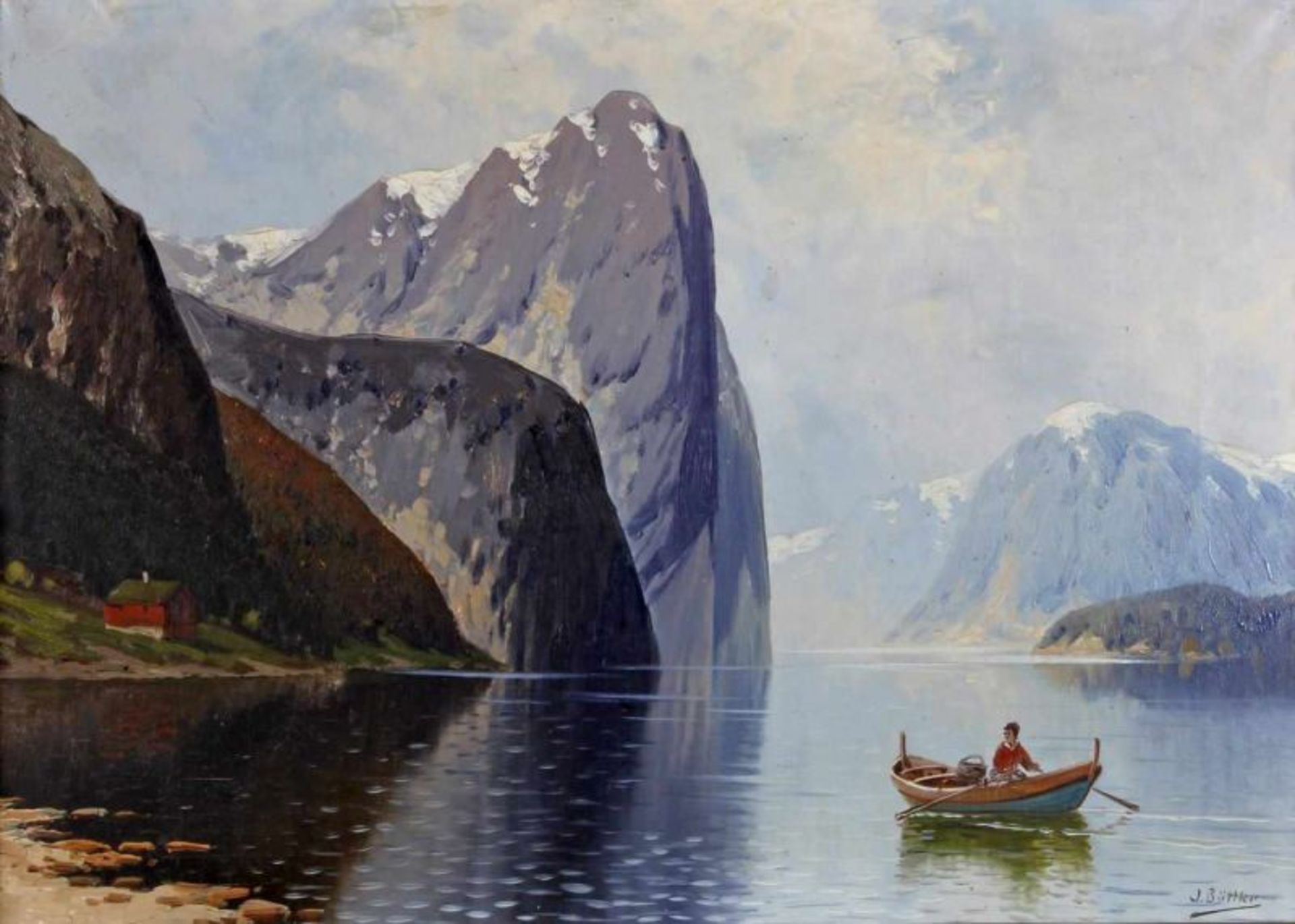 Büttler, J. (19./20. Jh.), "Fjordlandschaft", Öl auf Leinwand, signiert unten rechts J. Büttler,