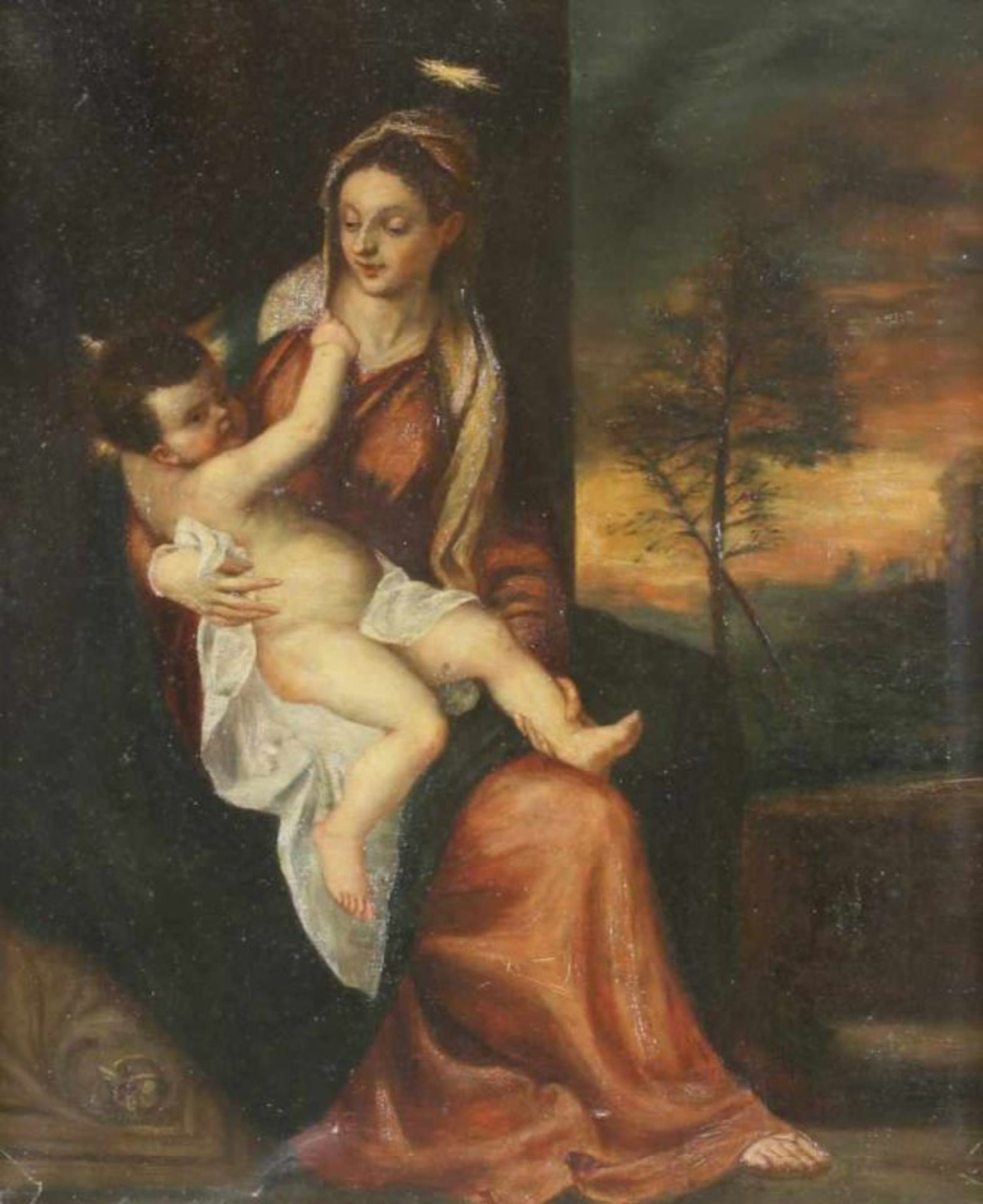 Kopist (Ende 19. Jh.), "Maria mit Kind", Öl auf Leinwand, nach Tizian, verso bezeichnet und