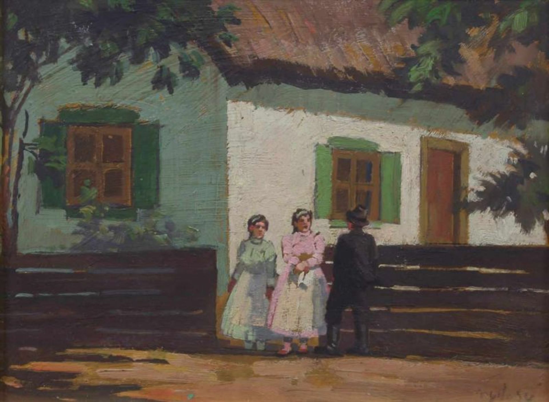 Ungarischer Maler (1. Viertel 20. Jh.), "Begegnung vor dem Bauernhof", Öl auf Karton, undeutlich