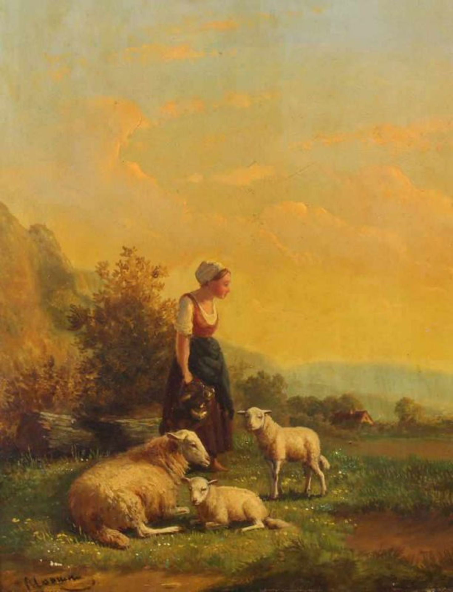 Coomans, Auguste (1855 - 1896, Genre- und Tiermaler), "Mädchen mit Schafen in weiter Landschaft", Öl