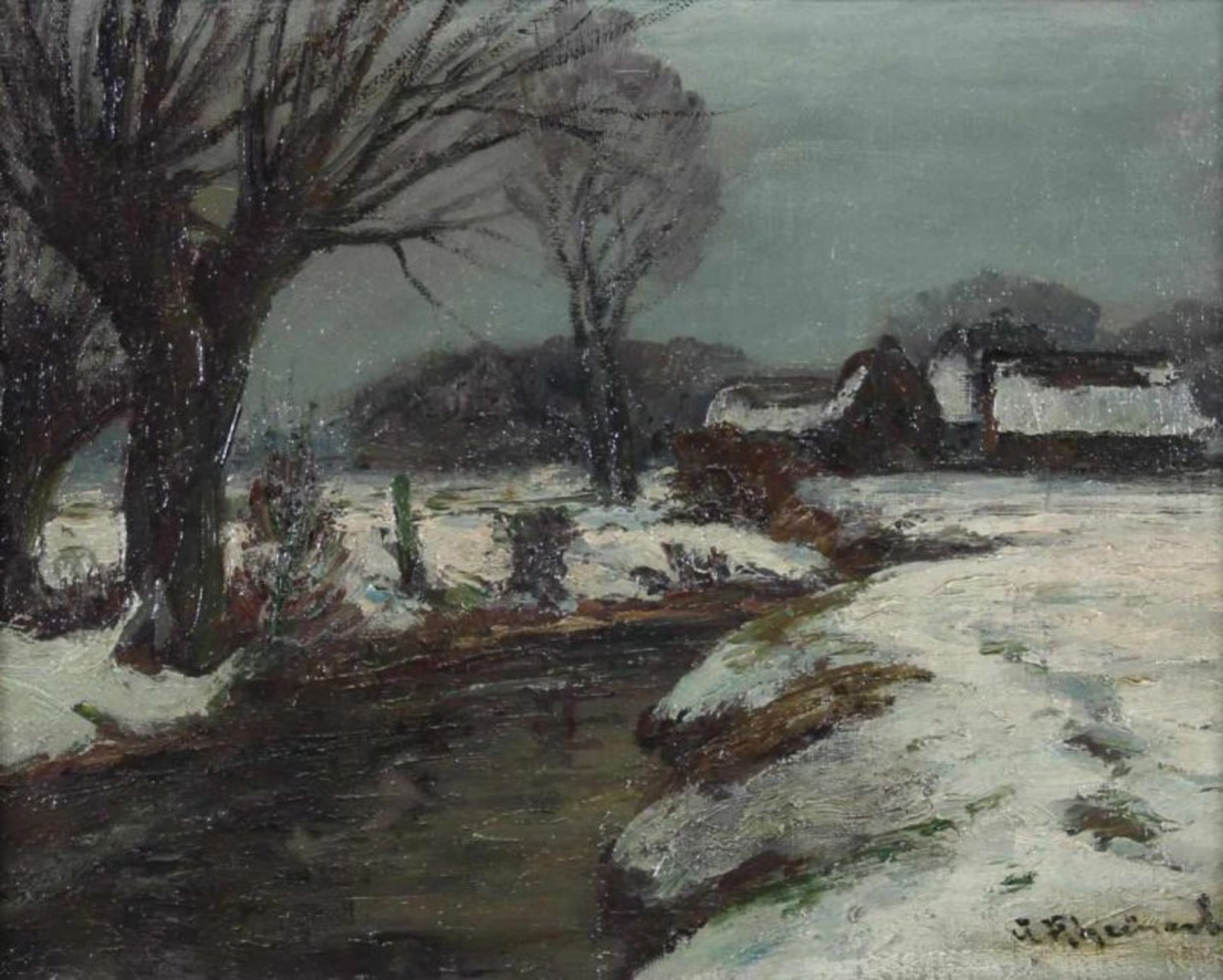 Rheinert, Adolf (1879 Düsseldorf - 1958 ebda.), "Wintertag am Niederrhein", Öl auf Leinwand,