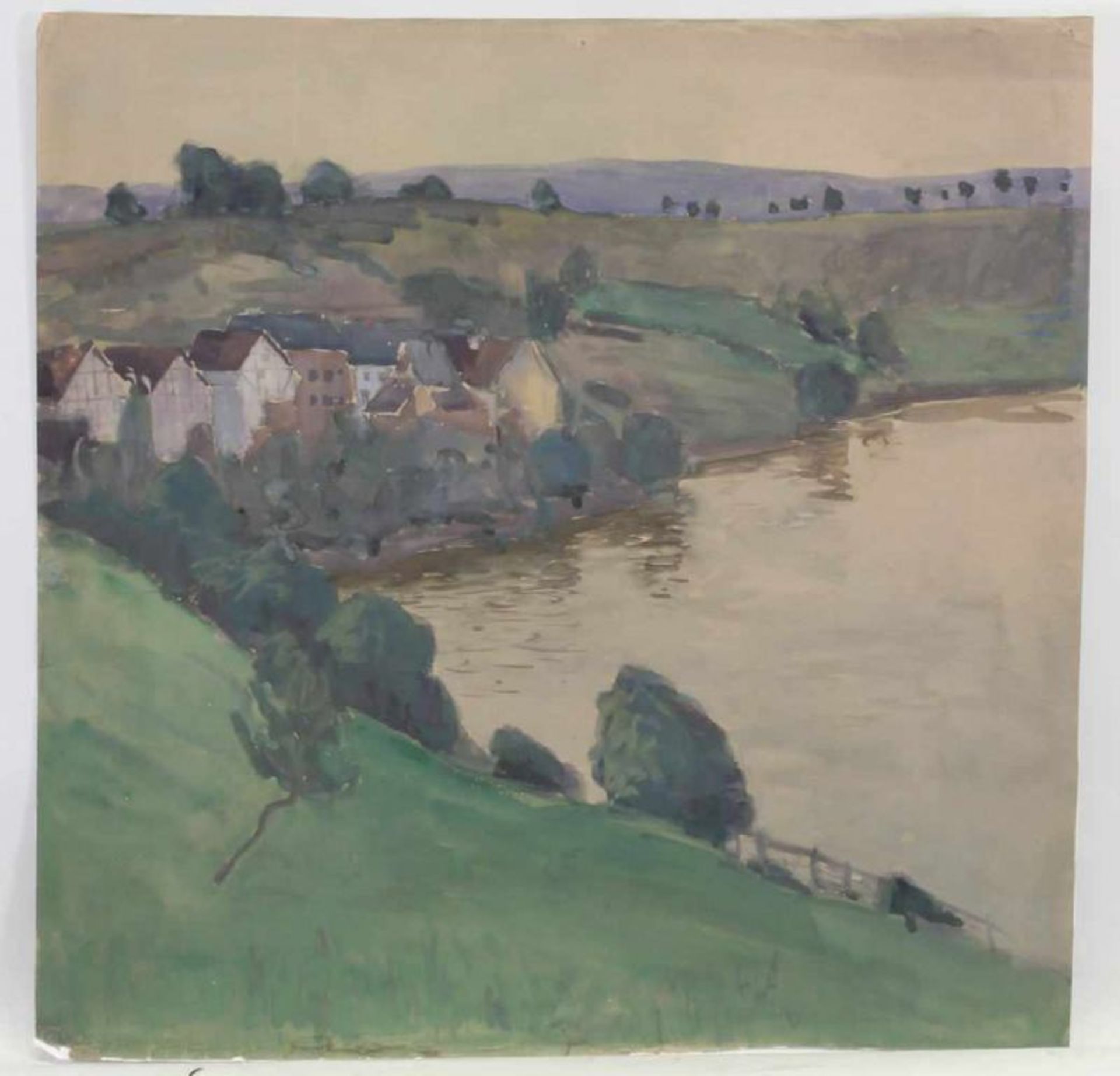 Moll, Oskar (1875 Brieg/Schlesien - 1947 Berlin), wohl, Aquarell, "Dorf am See", verso auf dem - Image 3 of 6