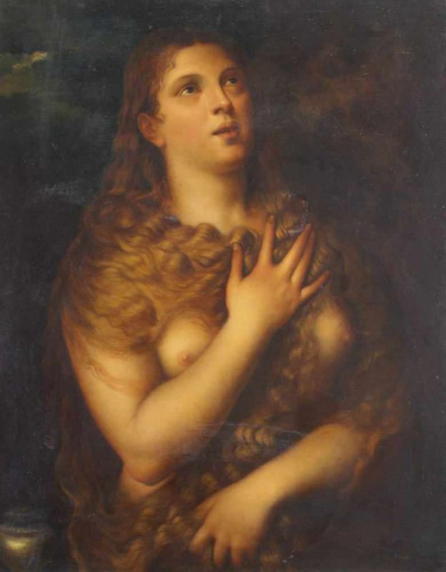 Kopist (19./20. Jh.), "Maria Magdalena", Öl auf Leinwand, auf Hartfaser, Kopie nach Tizian, 84 x