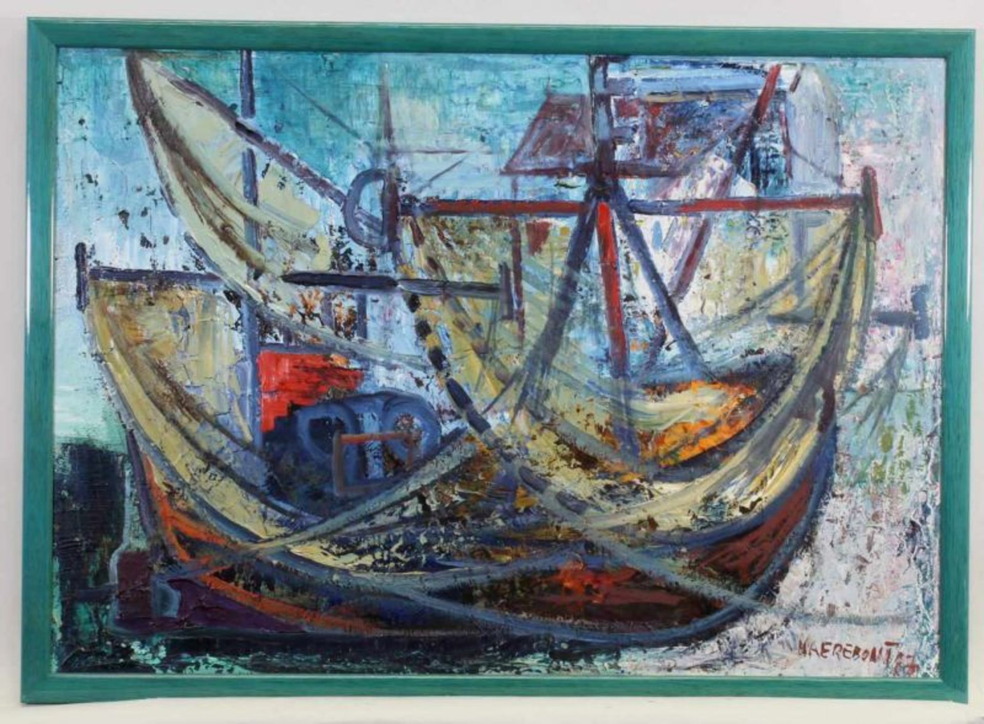 Naerebout (20. Jh.), "Schiffe am Ufer", Öl auf Leinwand, aufgezogen, signiert und datiert unten - Image 2 of 3