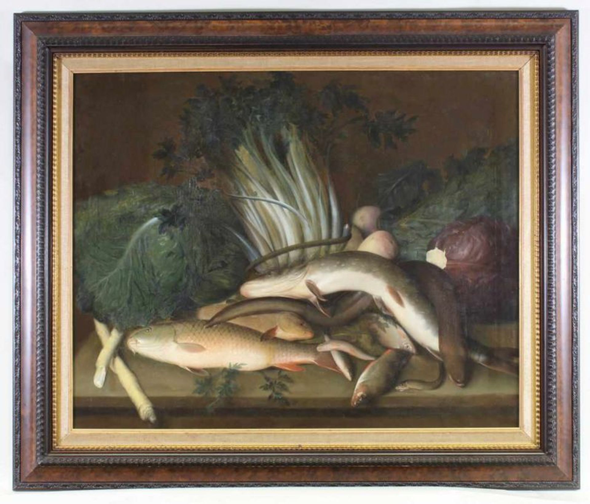 Hübner, L. (19. Jh.), "Stillleben mit Fischen", Öl auf Leinwand, signiert unten rechts L. Hübner, 73 - Image 2 of 4