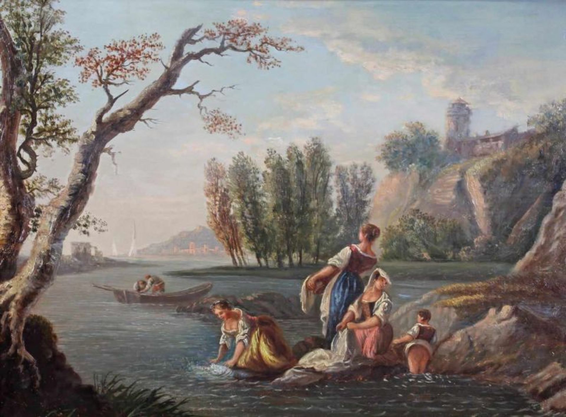 Unbekannter Maler (19. Jh.), "Wäscherinnen in südlicher Landschaft", Öl auf Leinwand, 46 x 61 cm