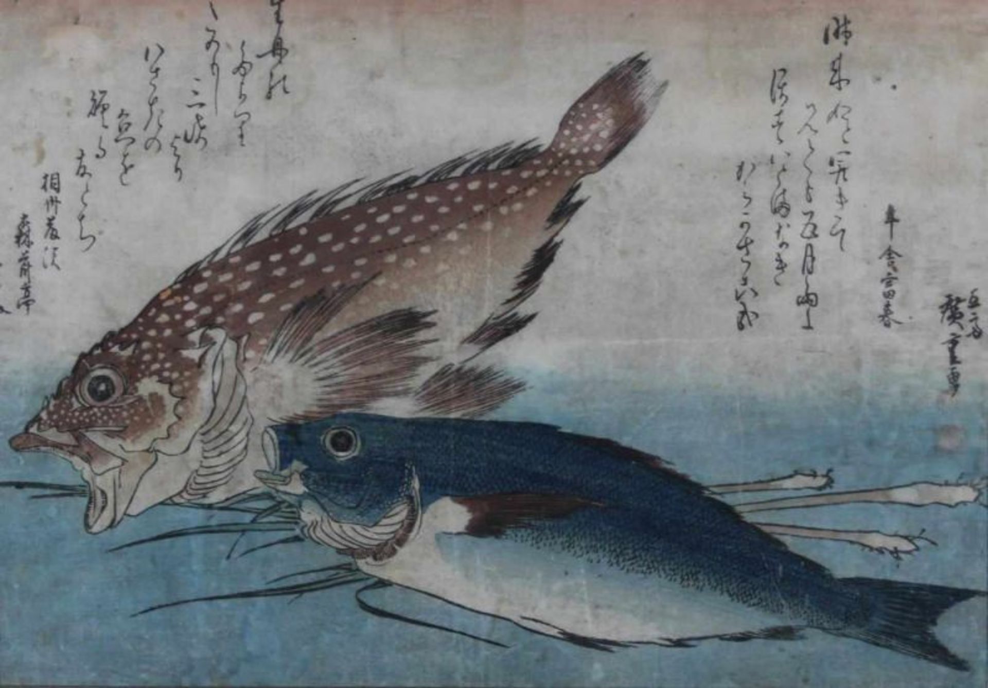 Farbholzschnitt, "Isaki und Kasago Fisch", Japan, 19. Jh., Utagawa Hiroshige (1797-1858), aus der