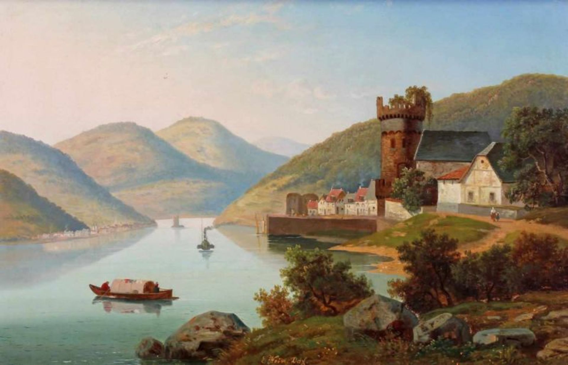 Hein, Eduard (19. Jh., in Düsseldorf tätiger Landschaftsmaler), "Rheinlandschaft", Öl auf