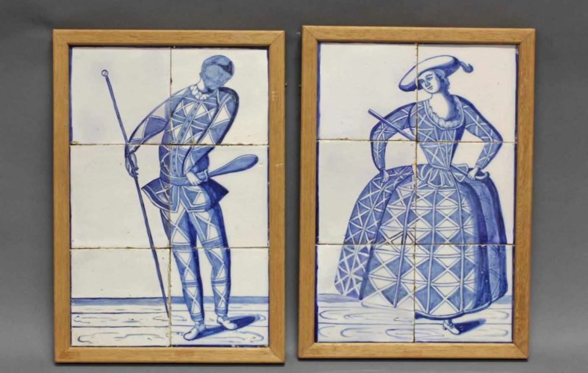 Paar Fliesenbilder, "Harlekin" und "Columbine", Keramik, wohl Rotterdam, um 1770, je sechsteilig,