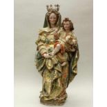 Skulptur, Holz geschnitzt, "Madonna mit Kind", Spanien, 17. Jh. 92 cm hoch, teils übergangene