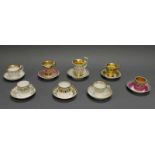 8 Biedermeier-Tassen mit Untertassen, 19. Jh., Porzellan, ungemarkt, diverse Dekore, 6.2-12.5 cm
