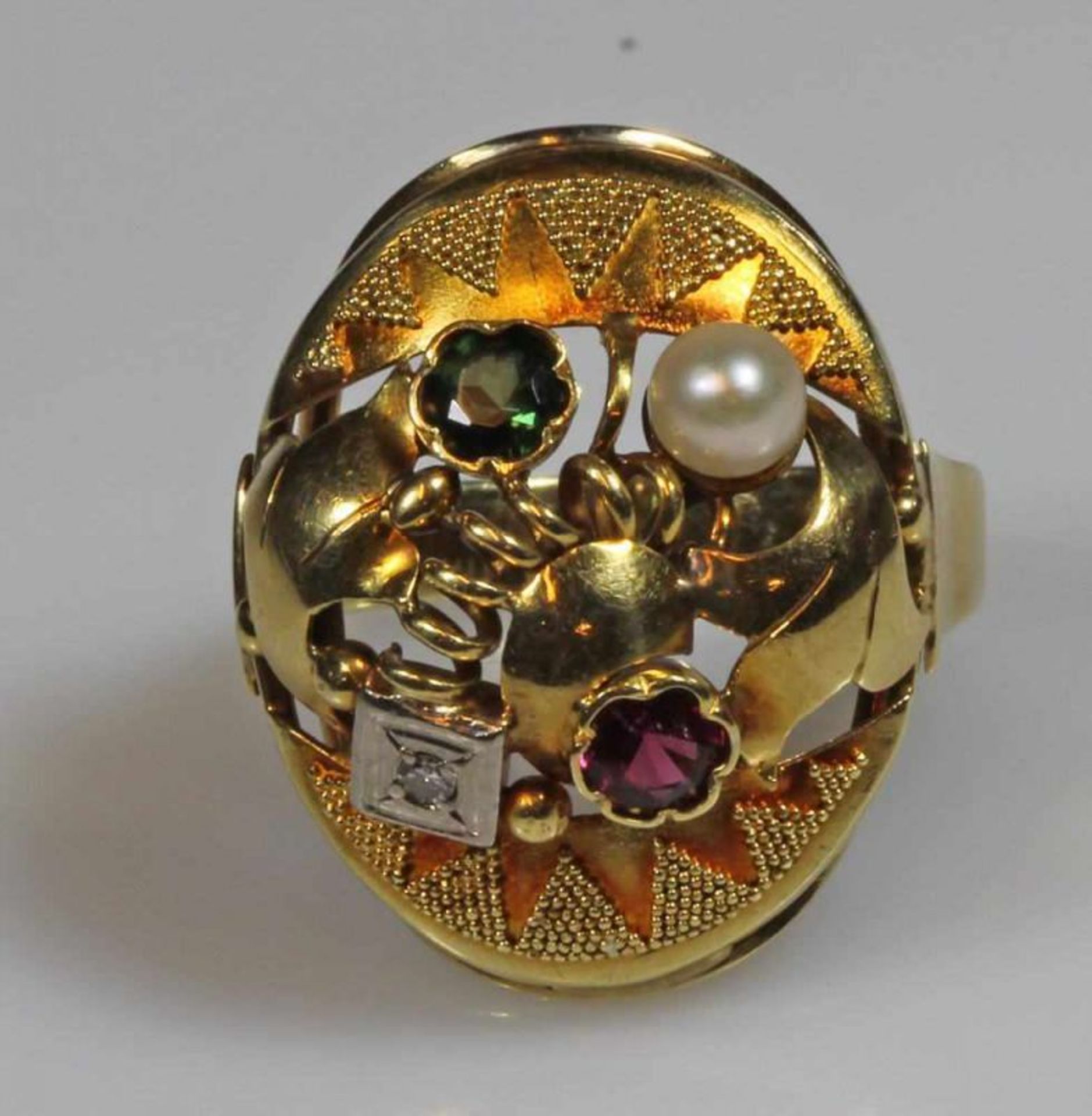 Ring, GG 585, Granulationstechnik, kleiner Diamat, Perle, rosa und grüner Turmalin, 6 g, RM 17.5