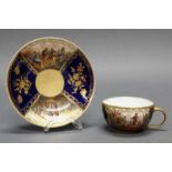 Tasse mit Untertasse, Meissen, Schwertermarke, 1850-1924, 1. Wahl, Goldblumen auf königsblauem Fond,