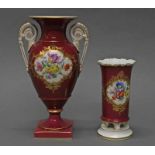 2 Vasen, Meissen, Schwertermarke, 2. Wahl, 1x mit Sockelfuß, 1x Amphoraform, purpur glasiert,