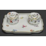 Tintengeschirr, Meissen, Schwertermarke, 1. Wahl, gestreute Blümchen, bunt, Goldrand, 22.5 x 16 cm