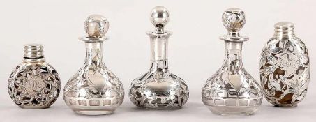 5 kl. Jugendstil-Flakons Glas/925er/999er Silber, Alvin Mfg. Co. u.a., U.S.A., um 1900 Variier.