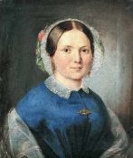 Biedermeier-Portrait 19.Jh. Dame mit Spitzenhaube u. blauem Kleid.- Öl a. Lwd., unsign., verso von