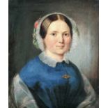 Biedermeier-Portrait 19.Jh. Dame mit Spitzenhaube u. blauem Kleid.- Öl a. Lwd., unsign., verso von