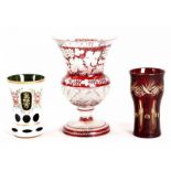 3 Vasen Glas, Böhmen, 19./20.Jh. Variier. Formen. Rot überfangen bzw. weiß emailliert sowie