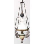 Jugendstil-Petroleumlampe Metall/Glas/Majolika u.a., 20.Jh. Balusterschaft m. Brenner u.