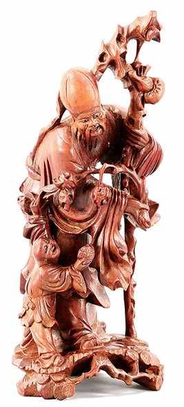 Shou Lao Holz, China, 20.Jh. Auf Natursockel der stehende Gott der Langlebigkeit, begleitet von