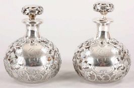Paar Jugendstil-Flakons Glas/999er Silber, Gorham Mfg. Co., Rhode Island, um 1900 Gedrückte