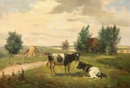 Birkholm, V. Dänemark 1879 - 1959 Kühe auf der Weide, Öl a. LWd., u.li. ritzsign. "V. Birkholm".