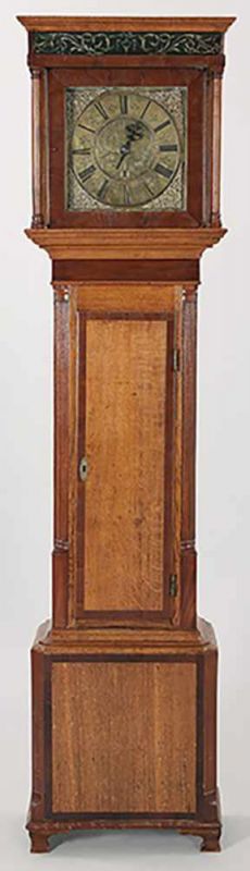 Standuhr Mahagoni/Eiche, England, um 1800 Auf schlichtem Sockelkasten d. 1-türige Uhrenkasten m.
