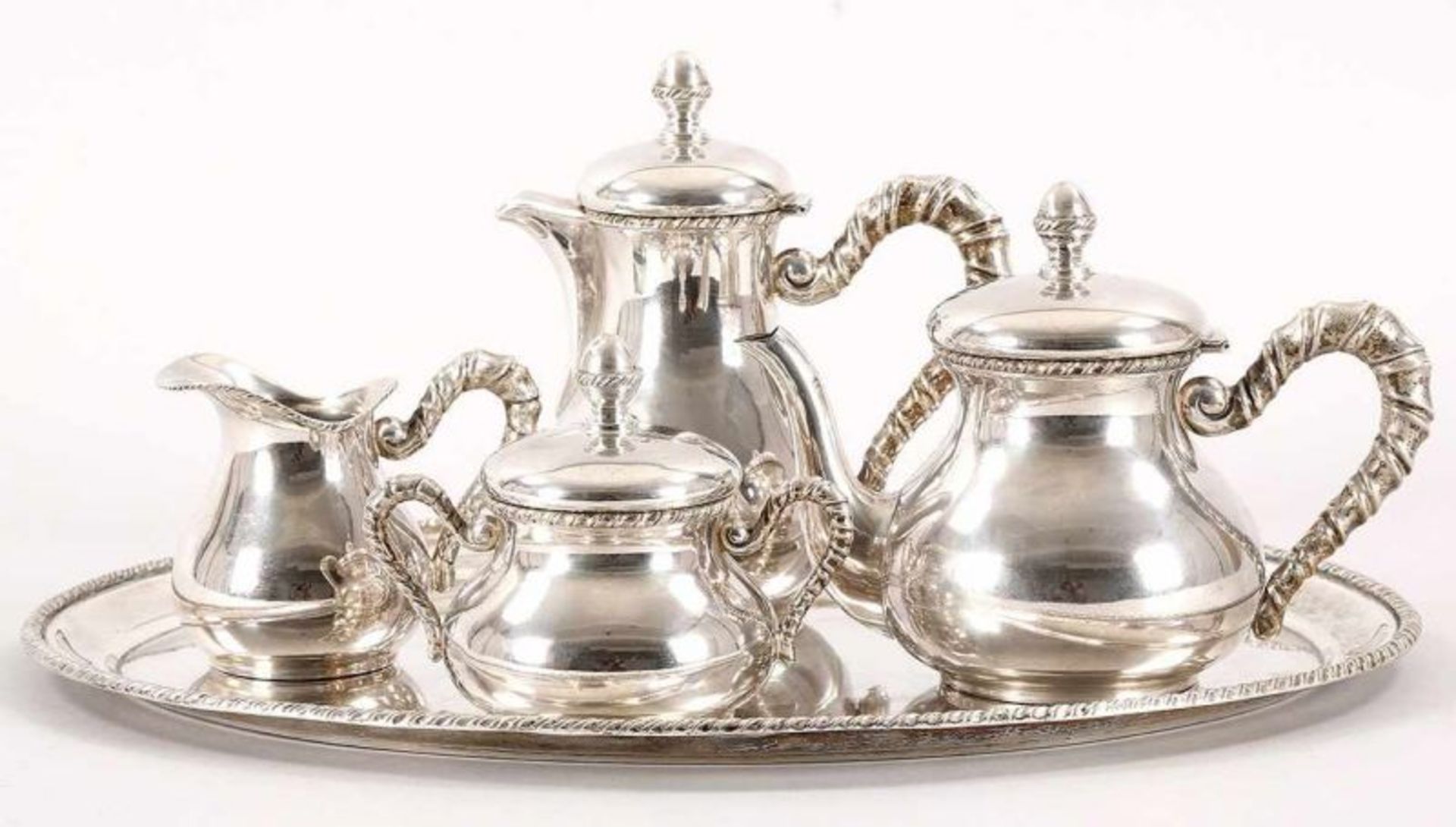 Kaffee-Tee-Set 800er Silber, Italien, 1934/44 5-tlg. Gebauchte, glatte Wandung m. umlaufenden - Bild 2 aus 2