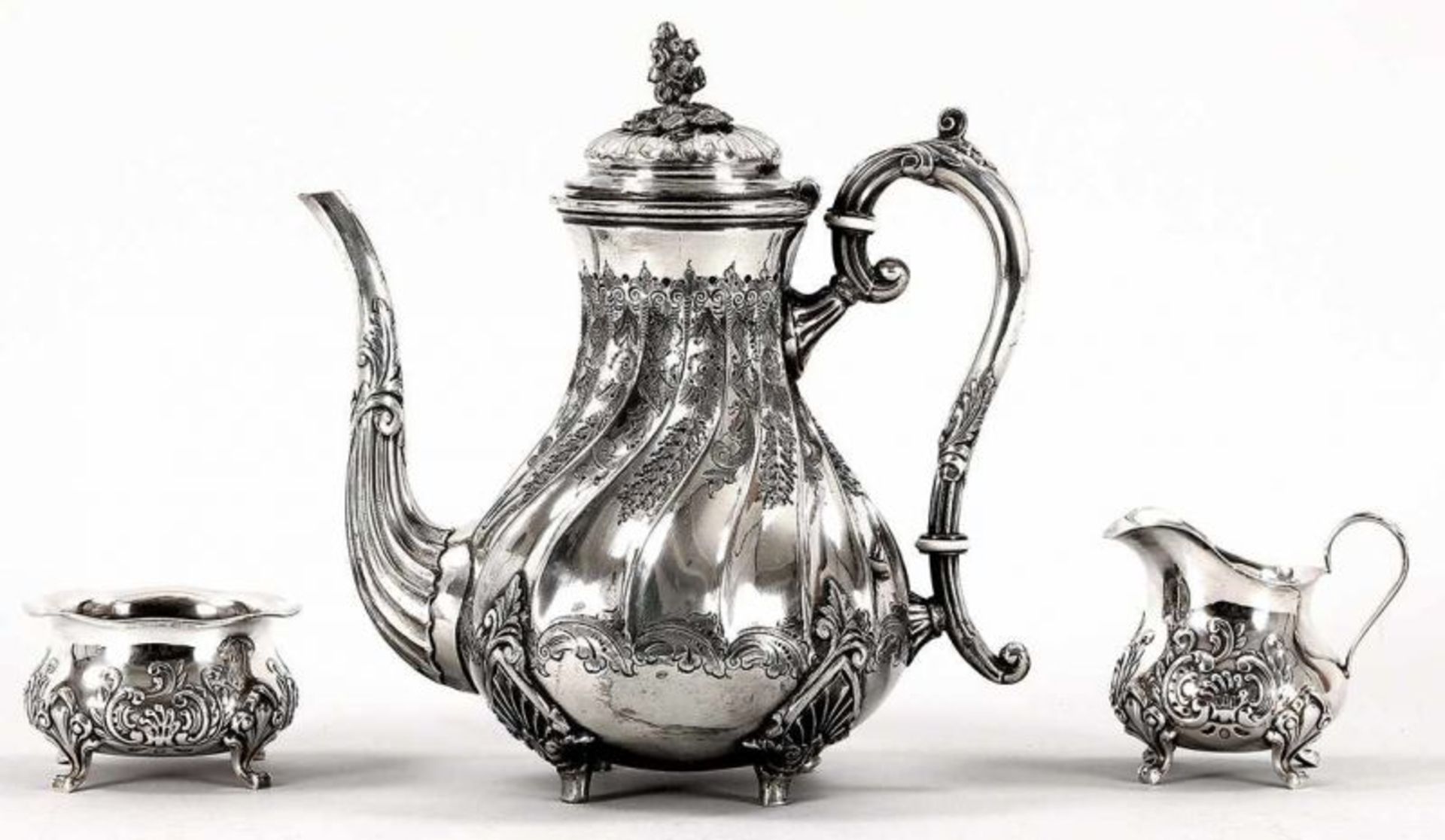 Kaffeekanne u. Zucker-/Sahne-Set Versilbert/Sterling Silber, Frankreich/Deutschland, 1.H.20.Jh.