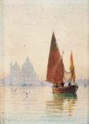 Fischerboot in abendlicher Lagune vor Venedig um 1900 Aquarell a. Papier (kaschiert a. Pappe?), u.