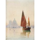 Fischerboot in abendlicher Lagune vor Venedig um 1900 Aquarell a. Papier (kaschiert a. Pappe?), u.