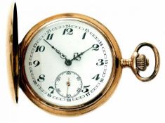 Herrentaschenuhr 585/-RG, um 1900, Savonette. Weißes Zifferblatt m. arab. Zahlen u. kl. Sekunde.