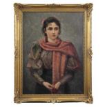 Deutscher Maler des 19. Jhd. Gemälde, Öl auf Leinwand, Portrait einer jungen Frau mit rotem Schal,