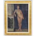 Deutscher Maler des 20. Jhd. Gemälde, Öl auf Leinwand, Frauenakt am Kamin, nicht signiert, 93 x 69