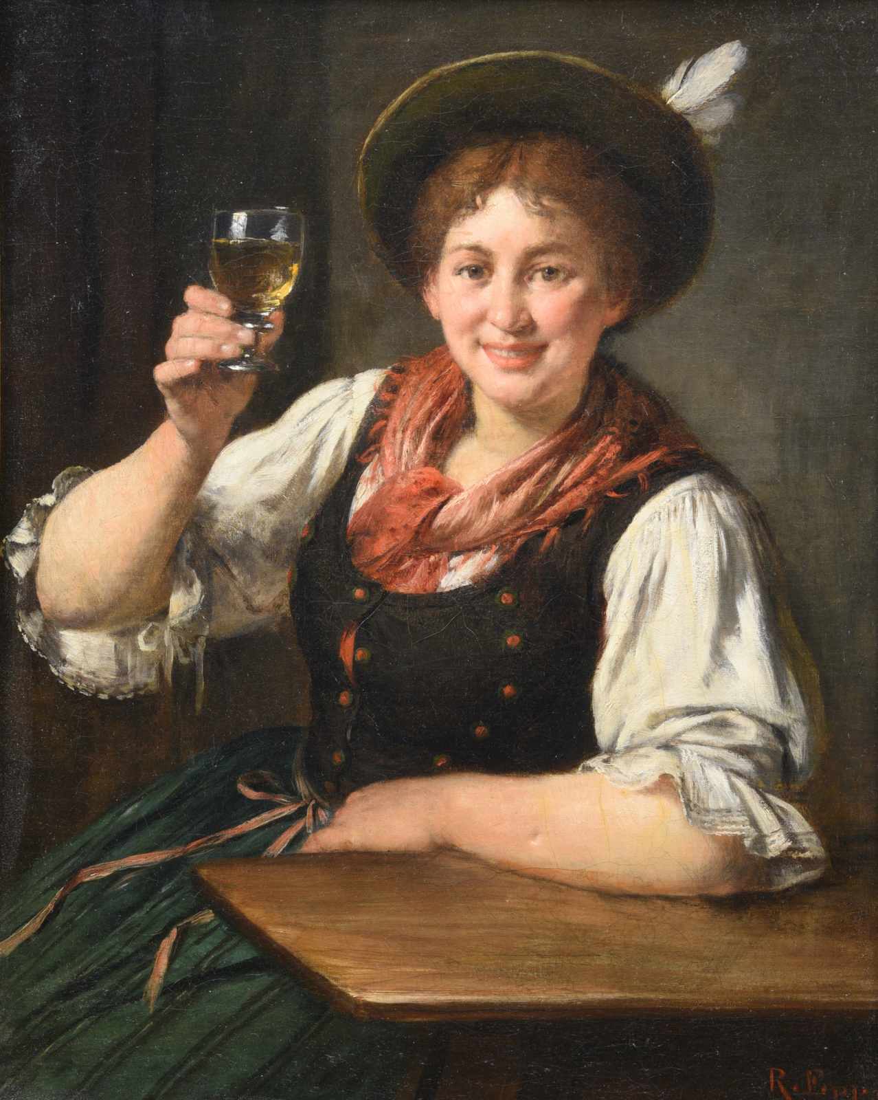 Epp, Rudolf (1834 Eberbach - 1910 München), "Mädchen in Tracht prostet dem Betrachter zu", Öl auf