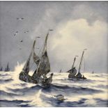 Porzellanbild, "Segelboote in stürmische See", Niederlande um 1900, 30x30 cm, gerahmt