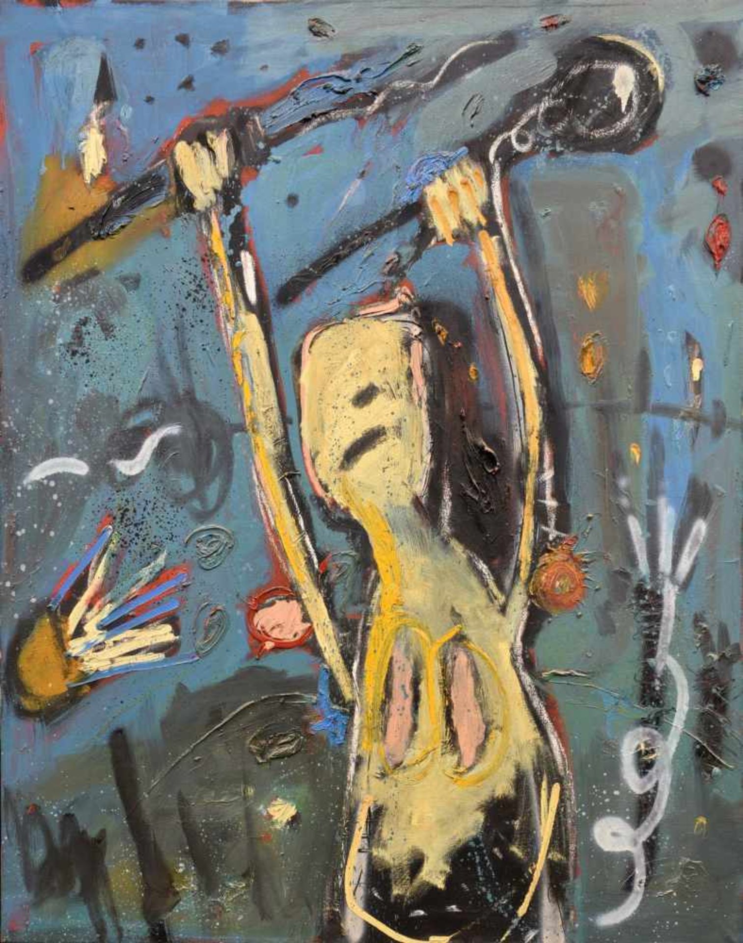 Sommer, Dirk (1954 Darmstadt), "Krieg", Öl auf Lw., 95x75 cm, oben signiert, datiert (19)85