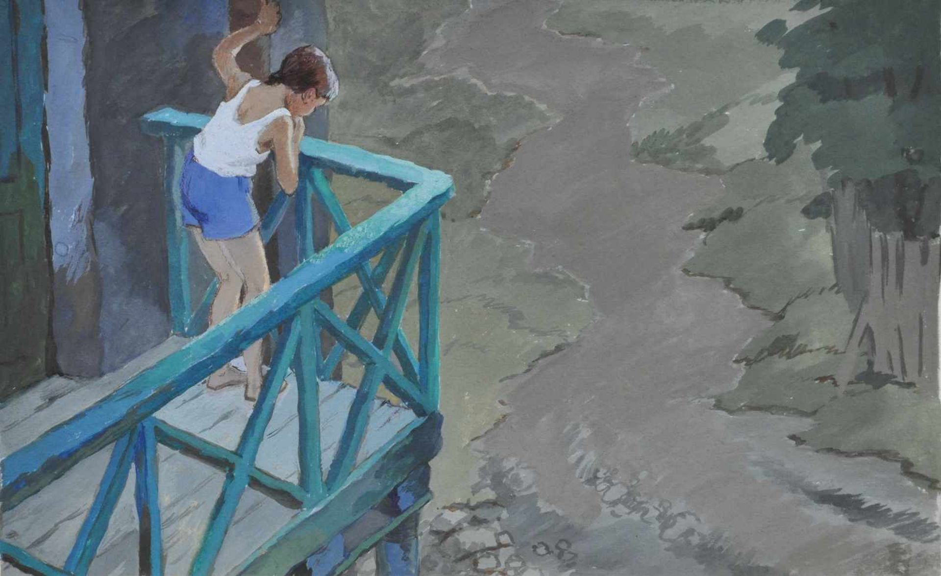 Aquarellist (Russland, 20. Jh.), "Mädchen auf einem Balkon", Gouache, 15,5 x 25,0 cm